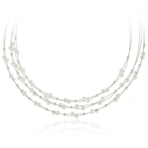 Sterling Silver Freshwater Cultured White Pearls & Beads 3-Row Graduating Necklace-3