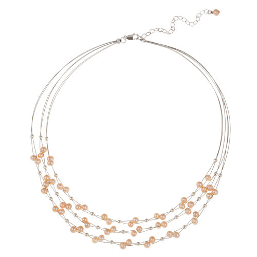 Sterling Silver Freshwater Cultured Pink Pearls & Beads 3-Row Graduating Necklace