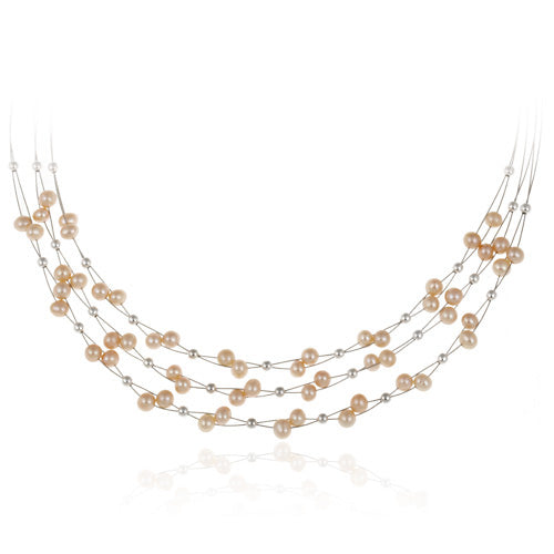 Sterling Silver Freshwater Cultured Pink Pearls & Beads 3-Row Graduating Necklace-3