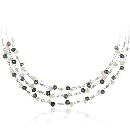 Sterling Silver Freshwater Cultured White and Peacock Pearls & Beads 3-Row Graduating Necklace-3