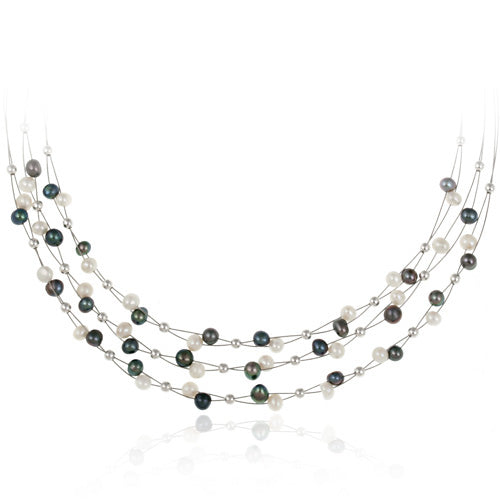 Sterling Silver Freshwater Cultured White and Peacock Pearls & Beads 3-Row Graduating Necklace