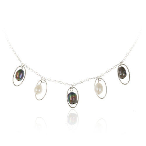 Sterling Silver Freshwater Cultured White & Peacock Pearl Dangle Necklace-3
