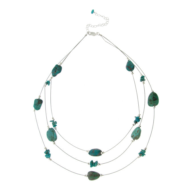 Created Turquoise Chips & Nuggets 3-Row Graduating Necklace w/ Sterling Silver Beads