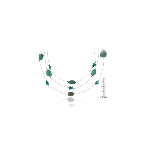 Created Turquoise Chips & Nuggets 3-Row Graduating Necklace w/ Sterling Silver Beads-3