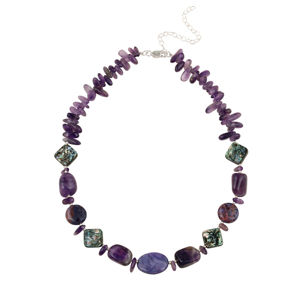 Sterling Silver Abalone, Amethyst Chips & Nuggets Fashion Necklace