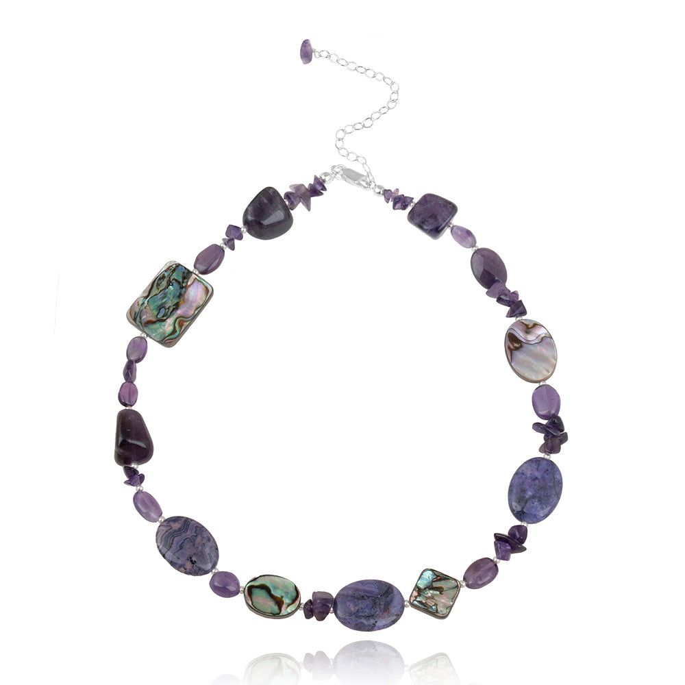 Sterling Silver Abalone, Amethyst Chips & Nuggets Fashion Necklace