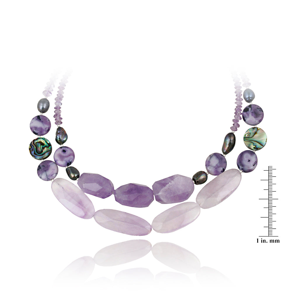 Sterling Silver Abalone, Pearl, Amethyst Chips & Stones Two-Strand Necklace-3