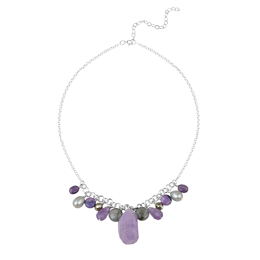 Sterling Silver Dangling Pearls, Amethyst, Laborite Beads & Stones Necklace