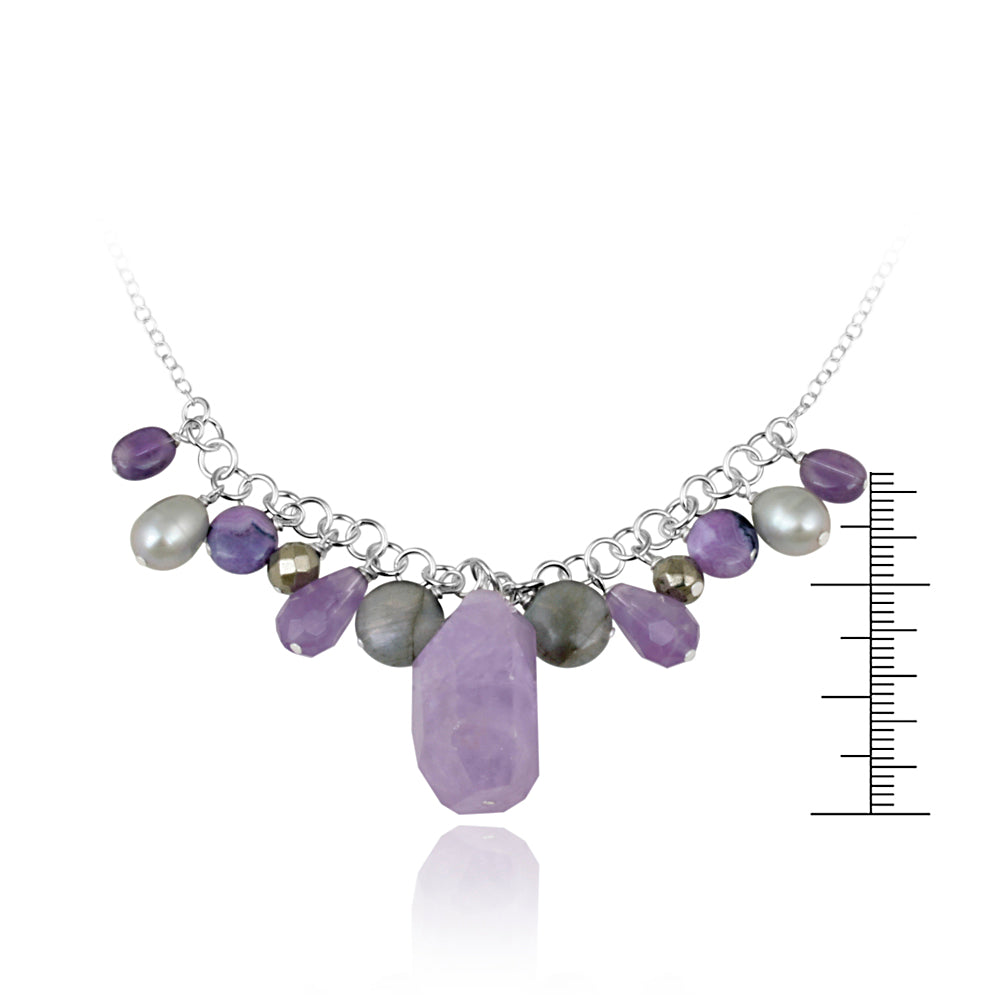 Sterling Silver Dangling Pearls, Amethyst, Laborite Beads & Stones Necklace-3