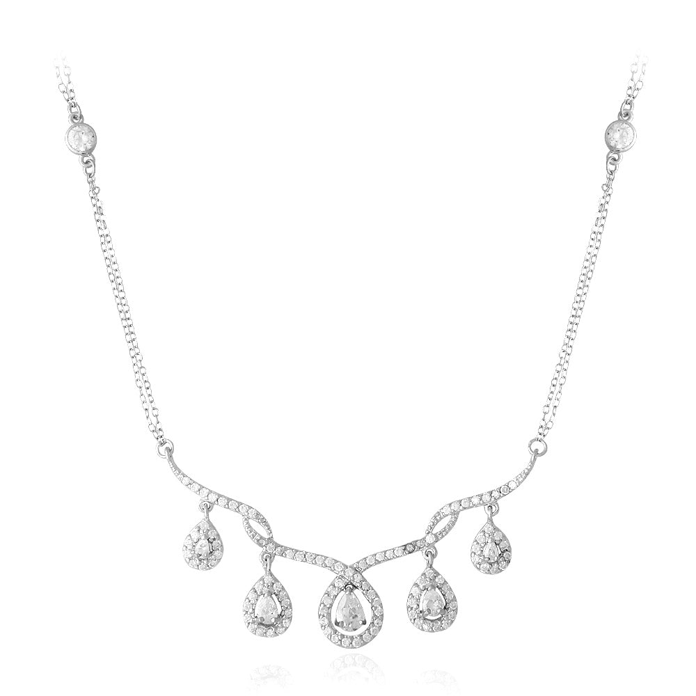 Sterling Silver CZ Dangling Teardrops Frontal Necklace