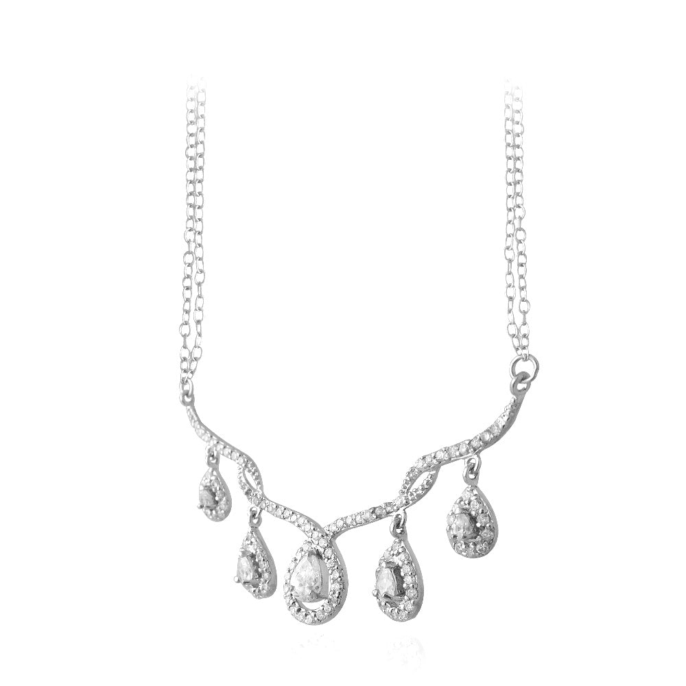 Sterling Silver CZ Dangling Teardrops Frontal Necklace-2