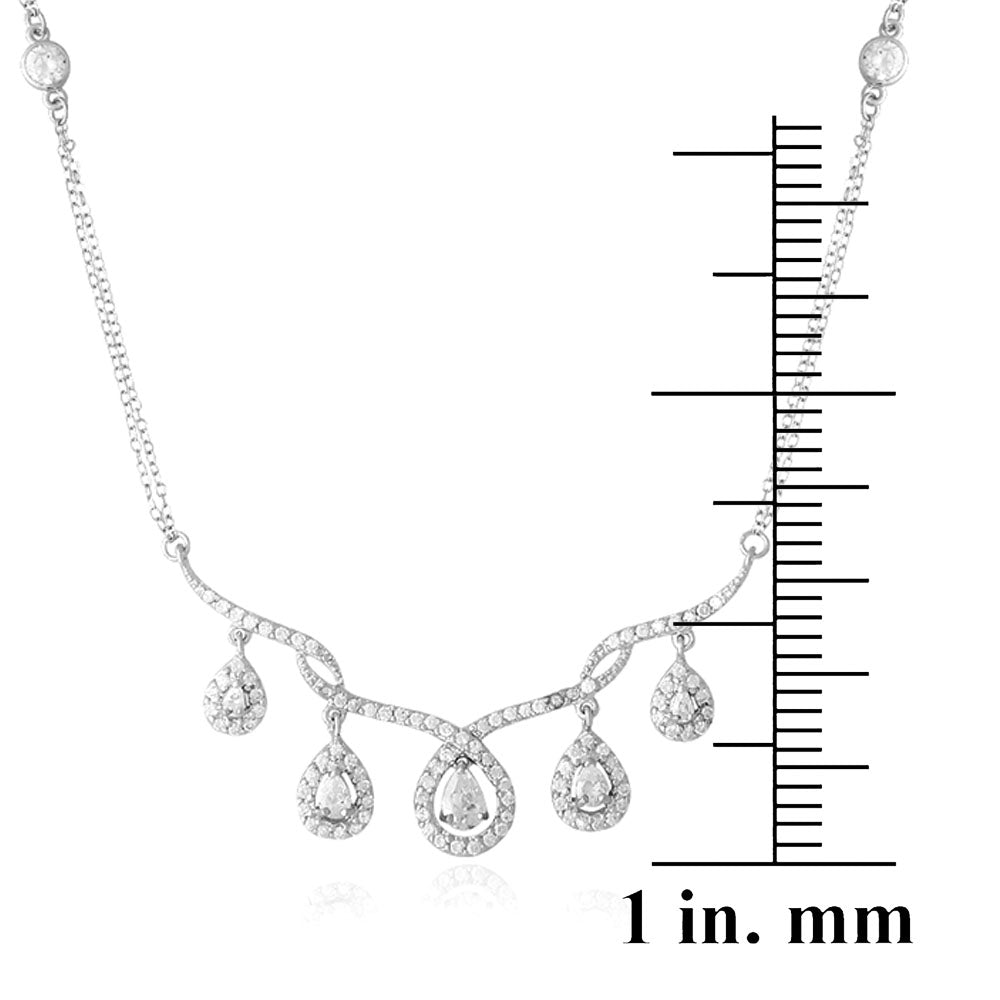 Sterling Silver CZ Dangling Teardrops Frontal Necklace-3