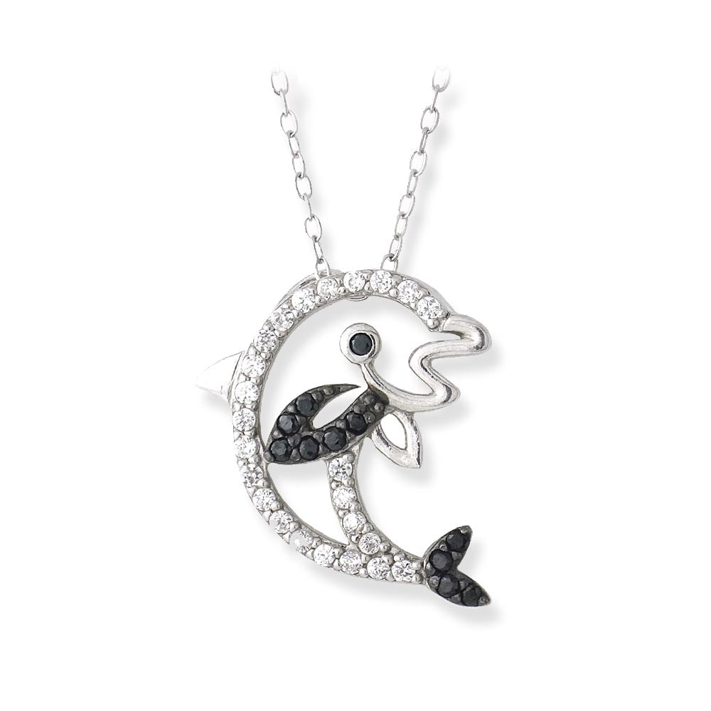 Sterling Silver Black & White CZ Dolphin Necklace