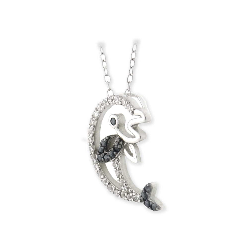Sterling Silver Black & White CZ Dolphin Necklace-2