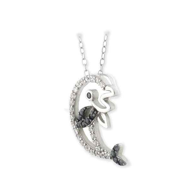 Sterling Silver Black & White CZ Dolphin Necklace