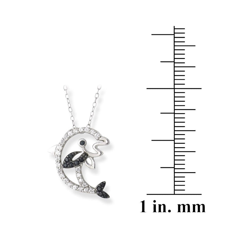 Sterling Silver Black & White CZ Dolphin Necklace