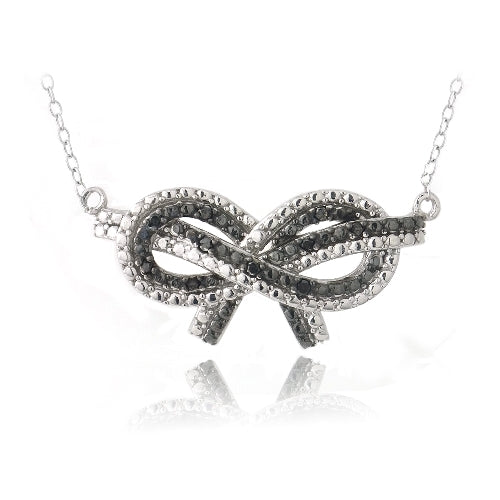 Sterling Silver 1/10ct Black Diamond Black & White Bow Love Knot Necklace