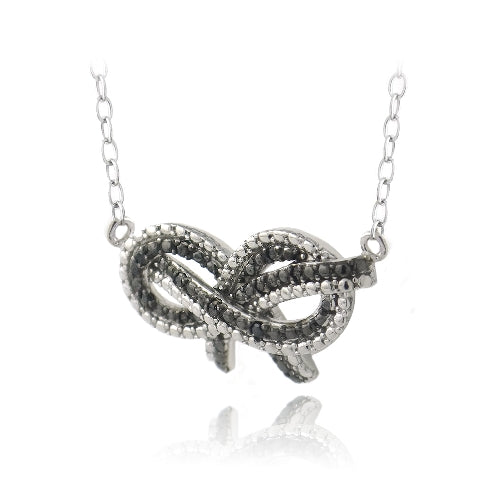 Sterling Silver 1/10ct Black Diamond Black & White Bow Love Knot Necklace-2