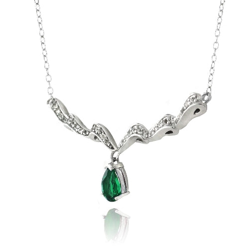 Sterling Silver Created Green Quartz & White Topaz Swirl Teardrop Necklace-2