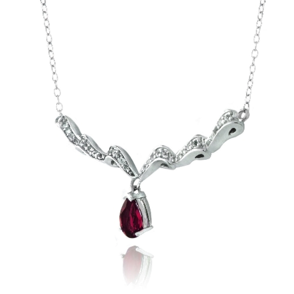 Sterling Silver Created Ruby & White Topaz Swirl Teardrop Necklace-2