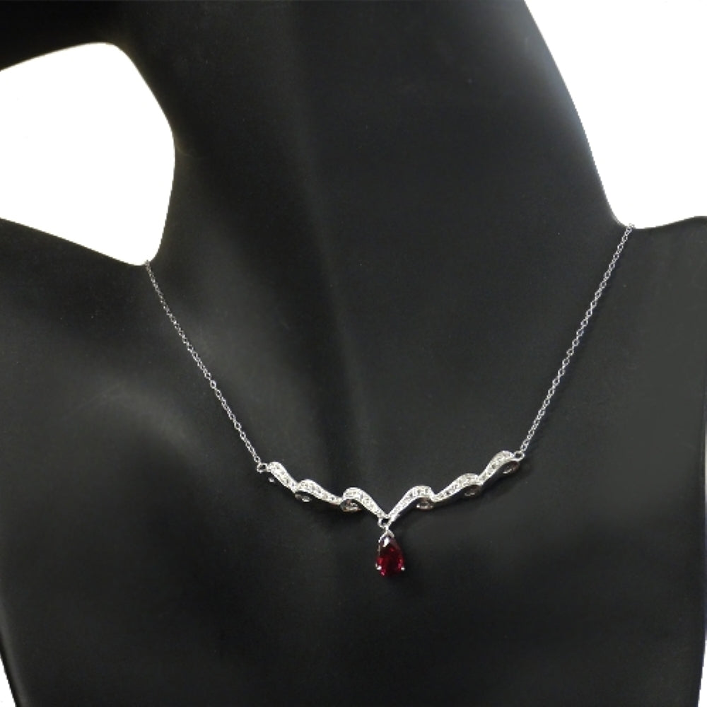 Sterling Silver Created Ruby & White Topaz Swirl Teardrop Necklace-4
