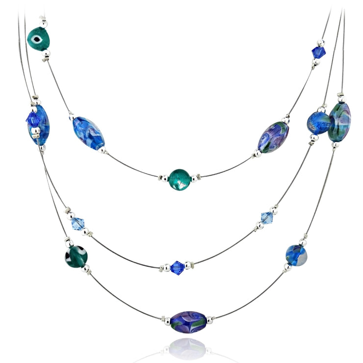 Sterling Silver Hand Blown Millefiori Multi Color Blue Oval & Round Artisan Glass & Crystals Graduating 3 Row Necklace