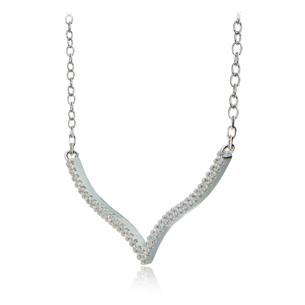 Sterling Silver Cubic Zirconia V Bar Dainty Chain Necklace-2