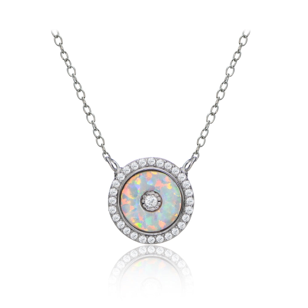 Sterling Silver Synthetic Opal and Cubic Zirconia Evil Eye Disc Chain Necklace