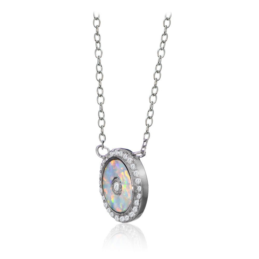 Sterling Silver Synthetic Opal and Cubic Zirconia Evil Eye Disc Chain Necklace-2