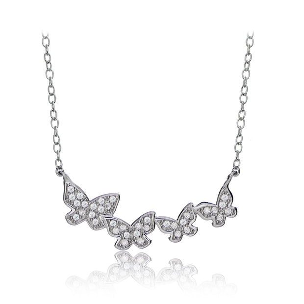 Sterling Silver Cubic Zirconia Pave Butterfly Dainty Chain Necklace