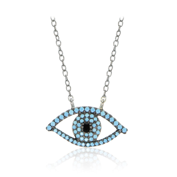 Sterling Silver Nano Created Turquoise and Black Cubic Zirconia Evil Eye Necklace