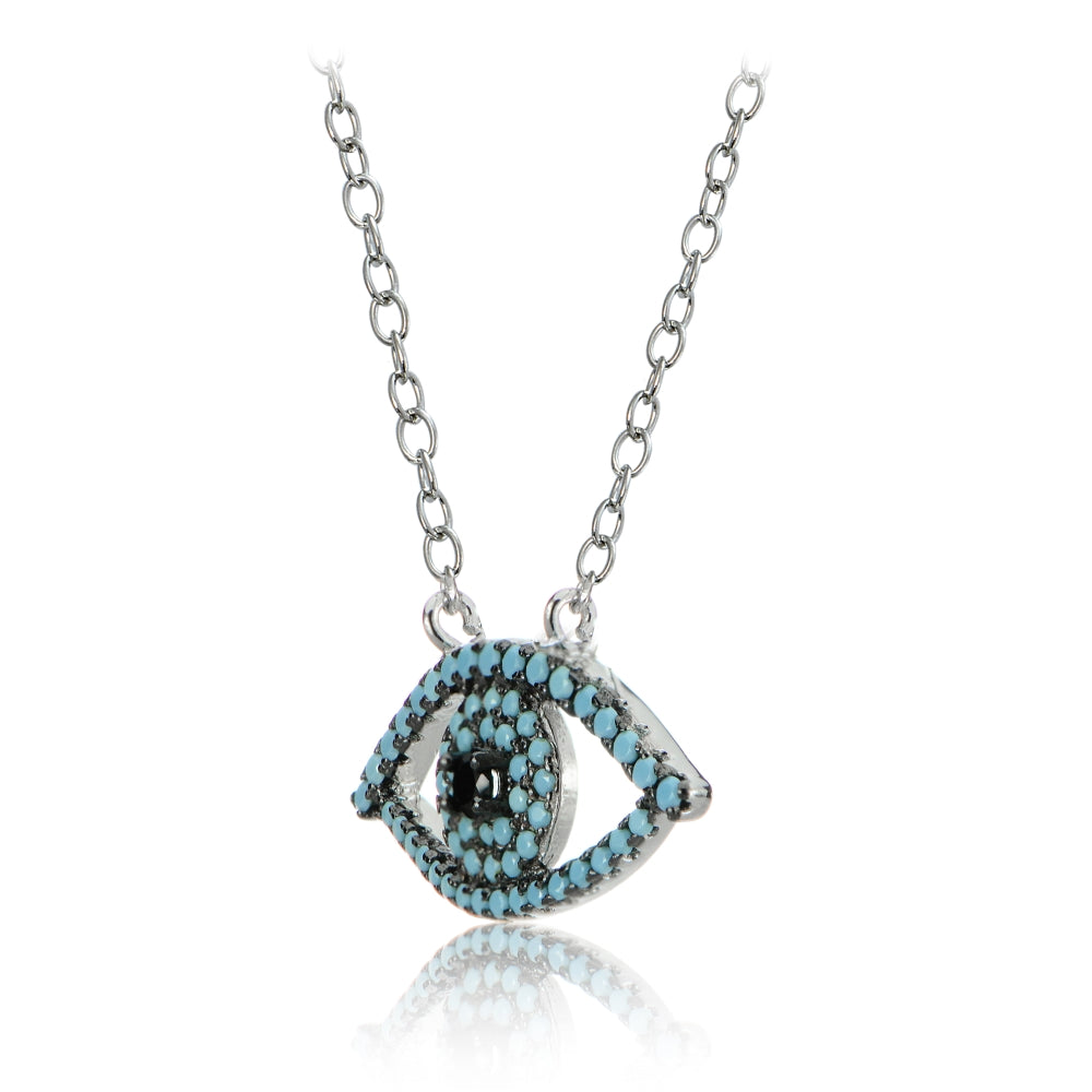 Sterling Silver Nano Created Turquoise and Black Cubic Zirconia Evil Eye Necklace-2