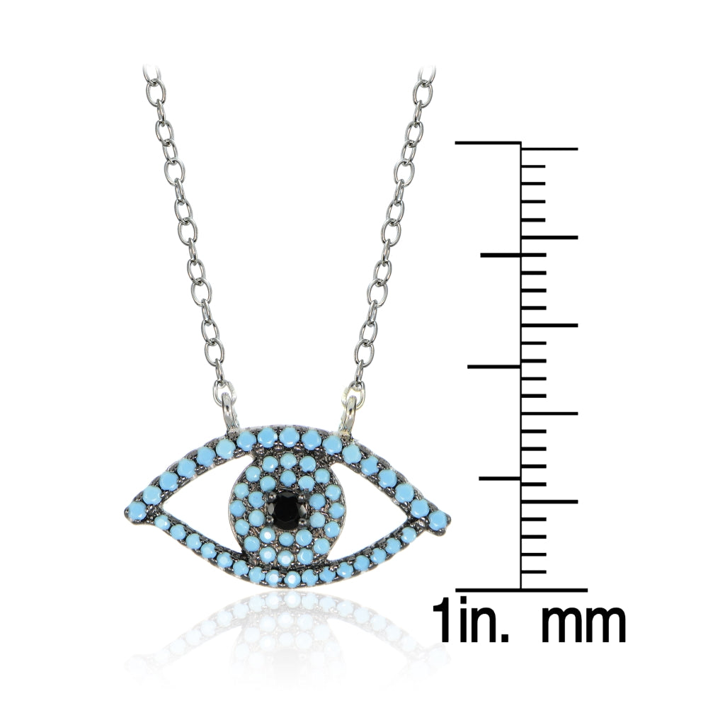 Sterling Silver Nano Created Turquoise and Black Cubic Zirconia Evil Eye Necklace-3