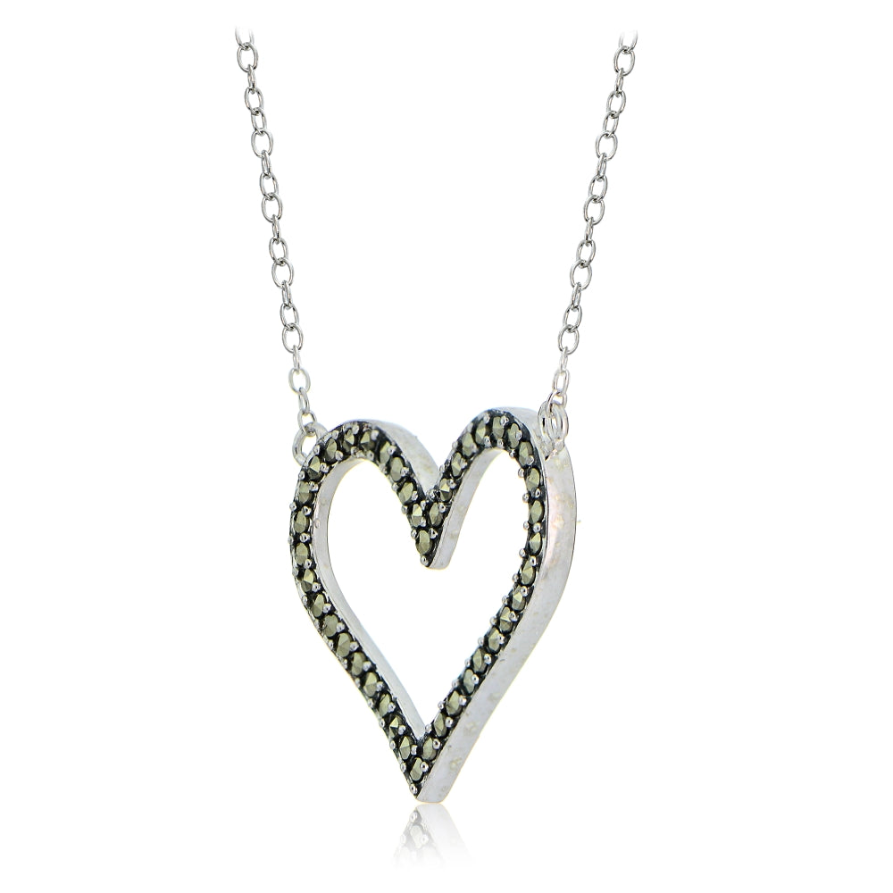 Sterling Silver Marcasite Open Heart Necklace-2