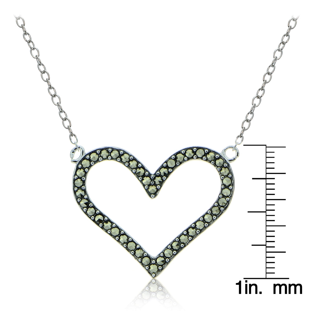 Sterling Silver Marcasite Open Heart Necklace-3
