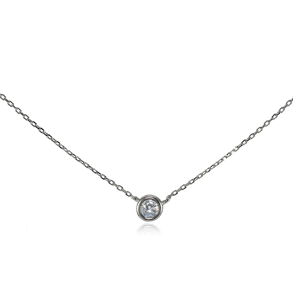 Sterling Silver Cubic Zirconia Bezel-Set Solitaire Choker Necklace