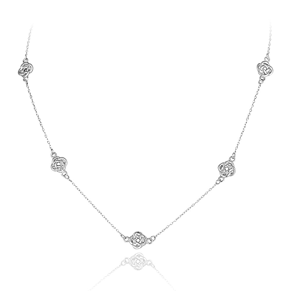 Sterling Silver Polished Love Knot Flower Station Chain Necklace