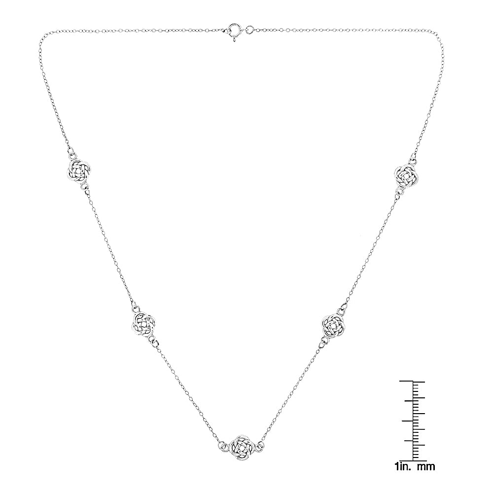 Sterling Silver Polished Love Knot Flower Station Chain Necklace-3