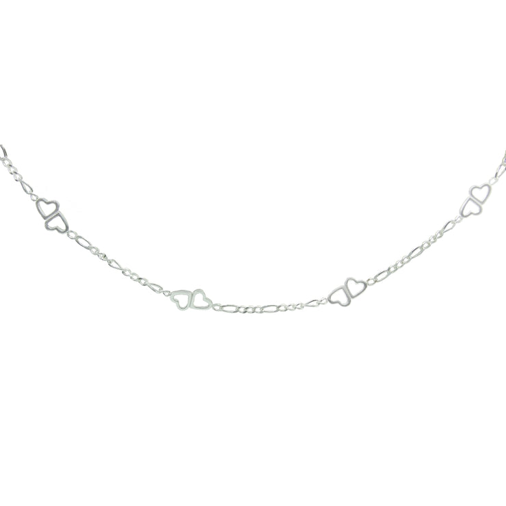 Sterling Silver Figaro Link Chain with Double Hearts Choker Necklace