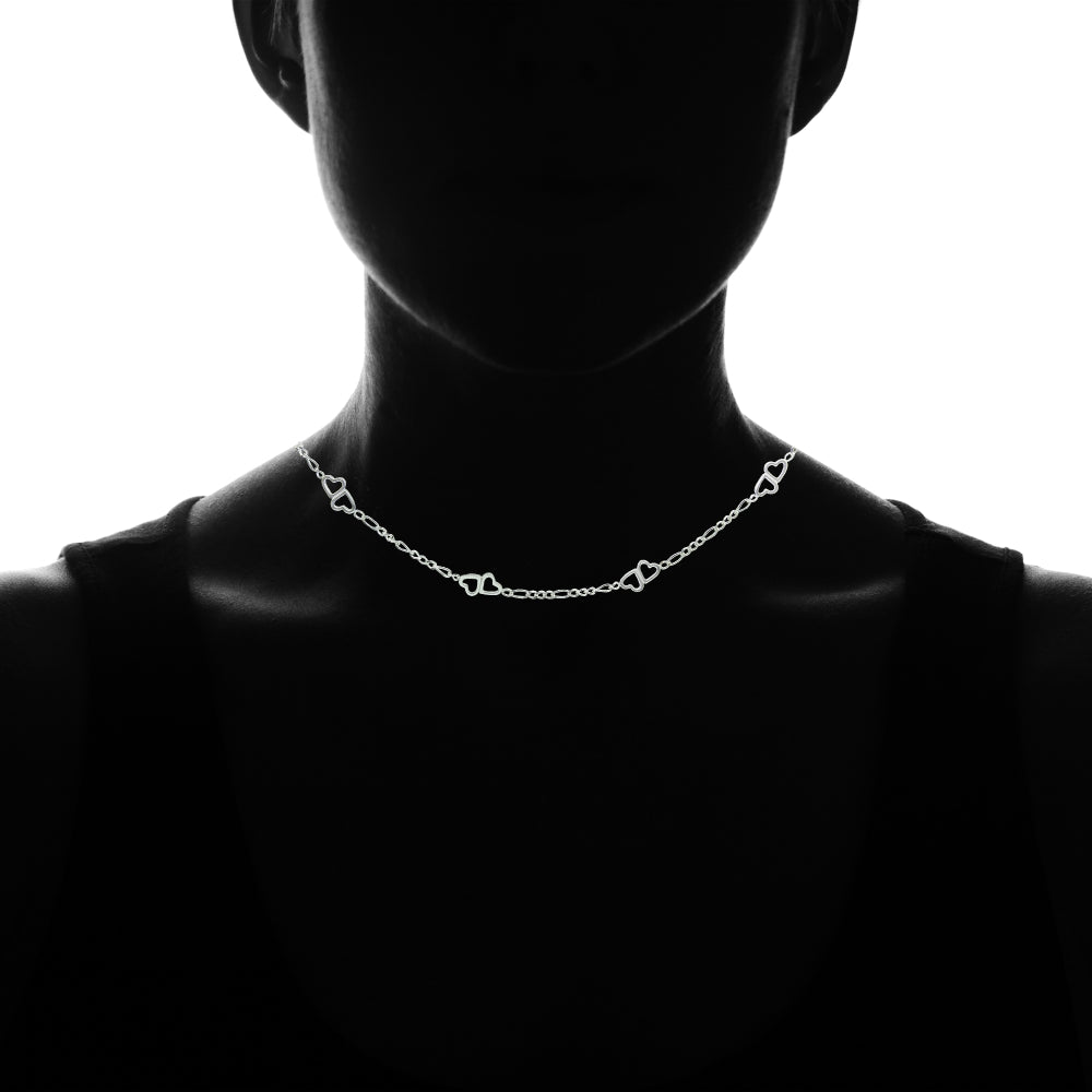 Sterling Silver Figaro Link Chain with Double Hearts Choker Necklace-3