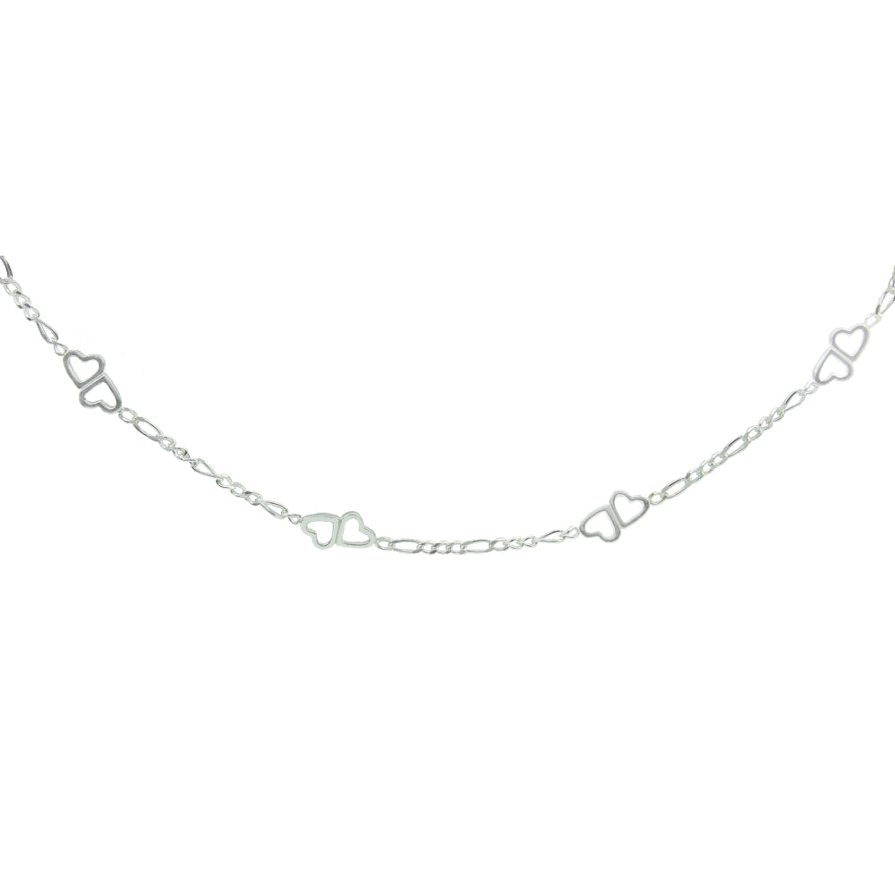 Sterling Silver Figaro Link Chain with Double Hearts Necklace, 18 Inches