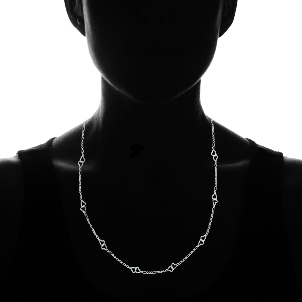 Sterling Silver Figaro Link Chain with Double Hearts Necklace, 24 Inches-3