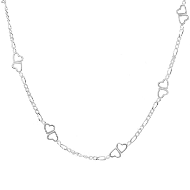Sterling Silver Figaro Link Chain with Double Hearts Necklace, 30 Inches