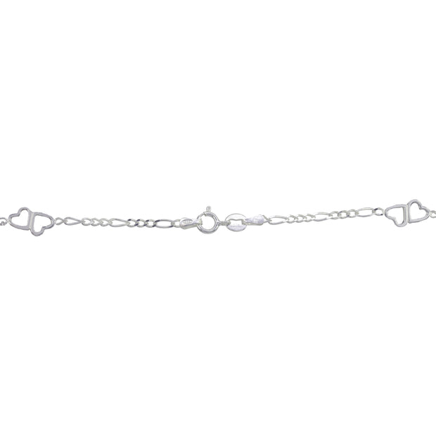 Sterling Silver Figaro Link Chain with Double Hearts Necklace, 30 Inches