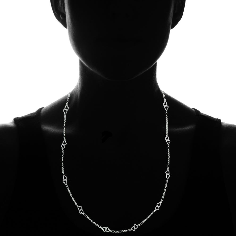 Sterling Silver Figaro Link Chain with Double Hearts Necklace, 30 Inches-3