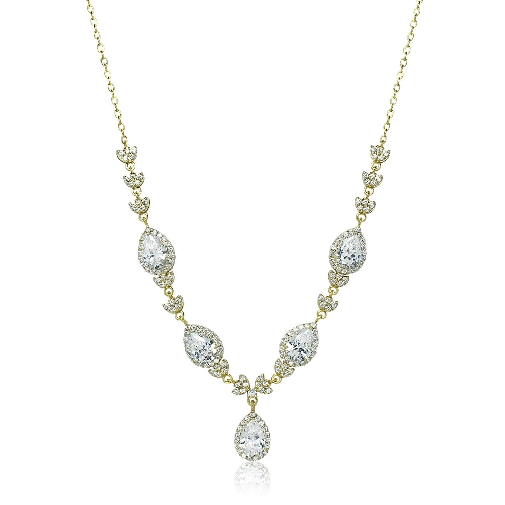 Yellow Gold Flashed Sterling Silver Cubic Zirconia Teardrop Evening Statement Necklace