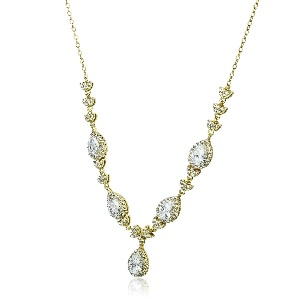 Yellow Gold Flashed Sterling Silver Cubic Zirconia Teardrop Evening Statement Necklace-2