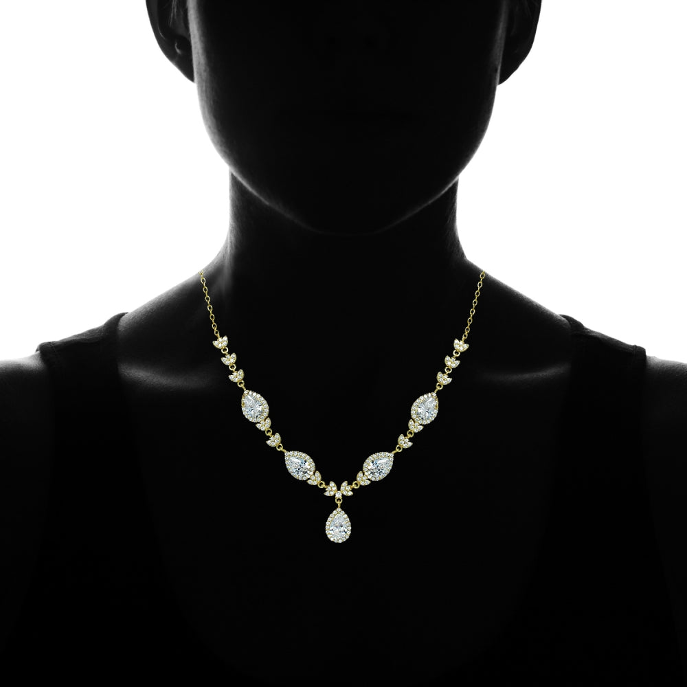 Yellow Gold Flashed Sterling Silver Cubic Zirconia Teardrop Evening Statement Necklace-3