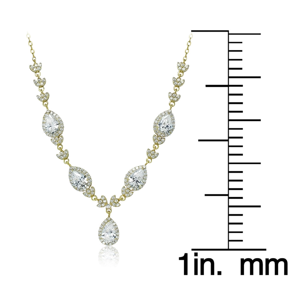 Yellow Gold Flashed Sterling Silver Cubic Zirconia Teardrop Evening Statement Necklace-4