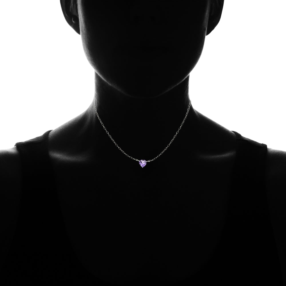 Sterling Silver Small Dainty Amethyst Heart Choker Necklace-4